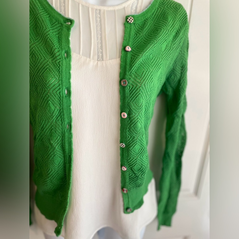 Matilda Jane Whimsy Green Crochet Striped Button Cardigan Sweater in EUC Sz S - Picture 4 of 7